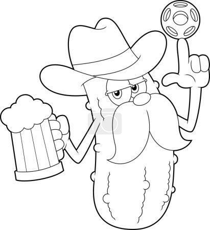 Ilustración de Carácter de dibujos animados Cowboy Pickle Spinning A Pickleball y sosteniendo un vaso de cerveza. Ilustración dibujada a mano de trama aislada sobre fondo blanco - Imagen libre de derechos