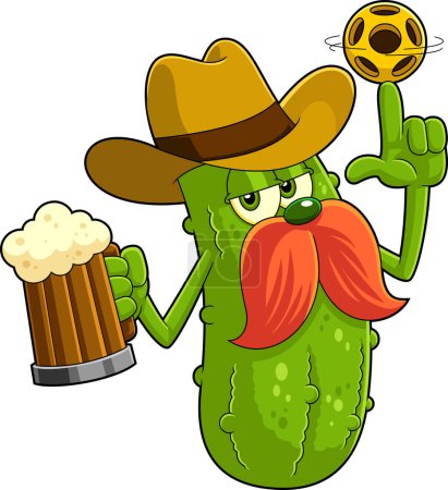 Ilustración de Carácter de dibujos animados Cowboy Pickle Spinning A Pickleball y sosteniendo un vaso de cerveza. Ilustración dibujada a mano de trama aislada sobre fondo blanco - Imagen libre de derechos