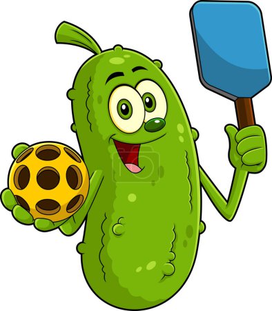 Illustration for Smiling Pickle Cartoon Character Holding A Pickleball Ball And Paddle Racket. Raster Hand Drawn Illustration Isolated On White Background - Royalty Free Image