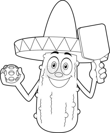 Ilustración de Carácter de la historieta mexicana Pickle sosteniendo una bola de Pickleball y raqueta de paleta. Ilustración dibujada a mano de trama aislada sobre fondo blanco - Imagen libre de derechos