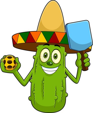 Ilustración de Carácter de la historieta mexicana Pickle sosteniendo una bola de Pickleball y raqueta de paleta. Ilustración dibujada a mano de trama aislada sobre fondo blanco - Imagen libre de derechos