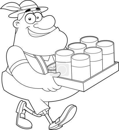 Illustration for Black And White German Oktoberfest cartoon illustration of a man holding tray with beer - Royalty Free Image
