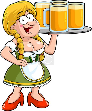 Téléchargez les illustrations : Oktoberfest allemand illustration de dessin animé d'une femme tenant un plateau avec de la bière - en licence libre de droit