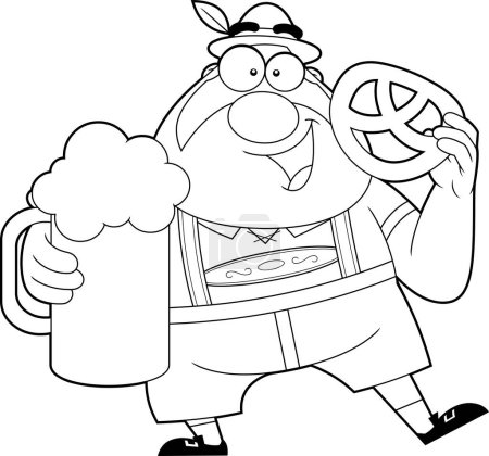 Téléchargez les illustrations : Oktoberfest allemand noir et blanc illustration de dessin animé d'un homme tenant une tasse de bière et un bretzel - en licence libre de droit