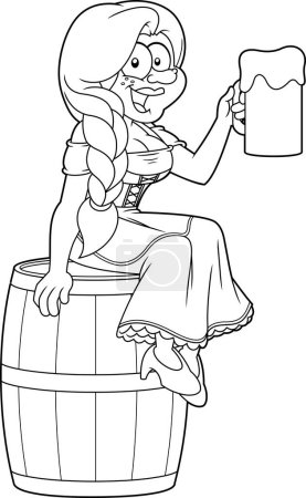 Téléchargez les illustrations : Illustration de bande dessinée de l'Oktoberfest allemand noir et blanc d'une femme assise sur un tonneau et tenant une bière - en licence libre de droit
