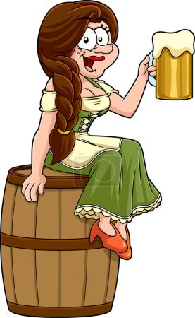 Téléchargez les illustrations : Oktoberfest allemand illustration de dessin animé d'une femme assise sur le tonneau et tenant de la bière - en licence libre de droit