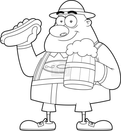 Téléchargez les illustrations : Illustration de dessin animé de l'Oktoberfest allemand noir et blanc d'un homme tenant une tasse de bière et un hot dog - en licence libre de droit