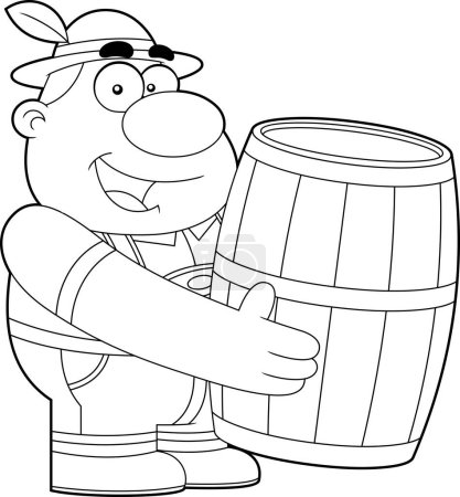 Illustration for Black And White German Oktoberfest cartoon illustration of a man holding a beer barrel - Royalty Free Image