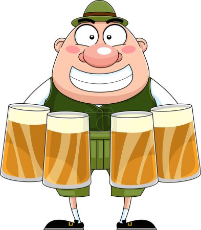 Illustration for German Oktoberfest cartoon illustration of a man holding beer mugs - Royalty Free Image