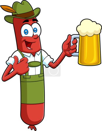 Illustration for German Oktoberfest Sausage Cartoon Character Holding A Beer Glass. Raster Illustration Isolated On White - Royalty Free Image