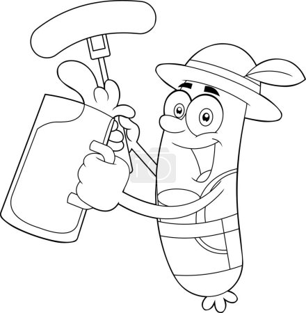 Téléchargez les illustrations : Noir et blanc allemand Oktoberfest Saucisse personnage de bande dessinée tenant une bière et Weenie sur une fourchette. Illustration raster isolé sur blanc - en licence libre de droit