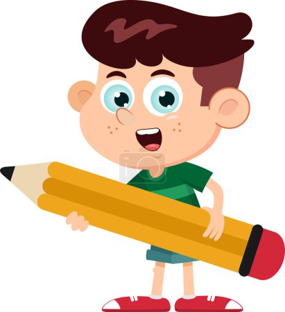 Téléchargez les illustrations : Garçon personnage de dessin animé tenant crayon, illustration vectorielle - en licence libre de droit