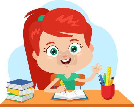 Illustration for Happy girl reading a book on the table - Royalty Free Image