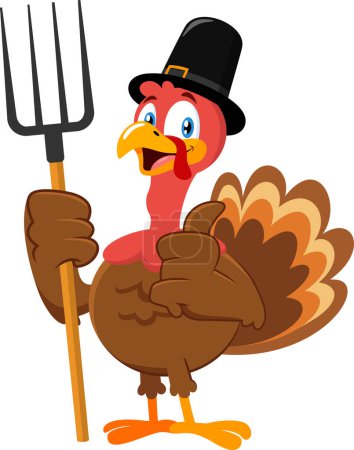 Illustration for Cute Pilgrim Turkey Cartoon Character Holding A Pitchfork And Giving The Thumbs Up. Vector Illustration Flat Design Isolated On Transparent Background - Royalty Free Image