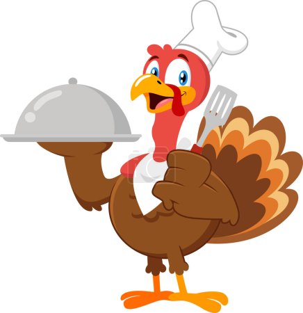 Illustration for Cute Turkey Chef Cartoon Character Serving Food In A Sliver Platter. Vector Illustration Flat Design Isolated On Transparent Background - Royalty Free Image