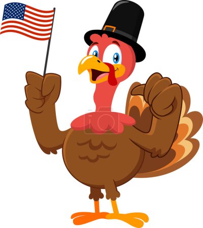 Illustration for Cute Pilgrim Turkey Cartoon Character Waving US Flag. Vector Illustration Flat Design Isolated On Transparent Background - Royalty Free Image