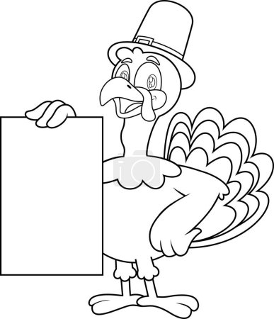 Illustration for Outlined Cute Pilgrim Turkey Cartoon Character Holding A Blank Sign. Vector Hand Drawn Illustration Isolated On Transparent Background - Royalty Free Image