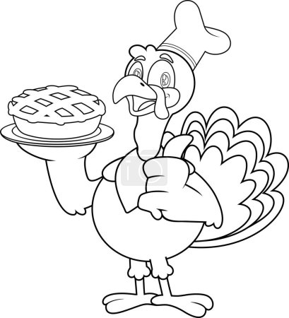 Illustration for Outlined Cute Turkey Chef Cartoon Character Serving Perfect Pie. Vector Hand Drawn Illustration Isolated On Transparent Background - Royalty Free Image