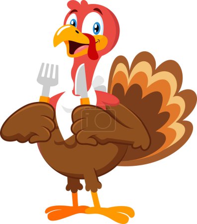Illustration for Happy Turkey Cartoon Character With Knife And Fork. Vector Illustration Flat Design Isolated On Transparent Background - Royalty Free Image