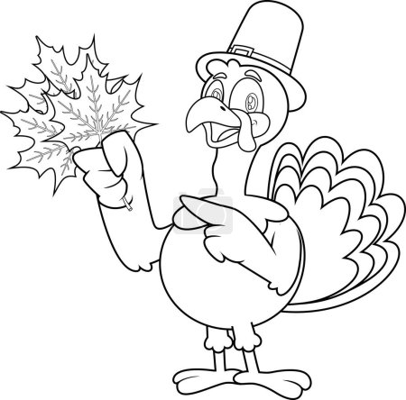 Ilustración de Peregrino sonriente delineado Turquía Personaje de dibujos animados que sostiene hojas de otoño. Ilustración dibujada a mano vectorial aislada sobre fondo transparente - Imagen libre de derechos