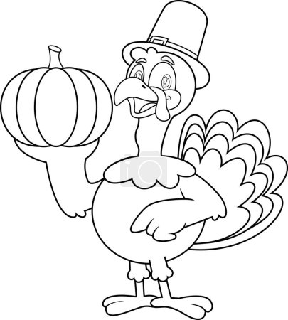 Illustration for Outlined Cute Pilgrim Turkey Cartoon Character Holding A Pumpkin. Vector Hand Drawn Illustration Isolated On Transparent Background - Royalty Free Image