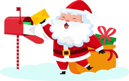 Illustration for Santa Claus Cartoon Character Takes Letters From Mail Box. Vector Illustration Flat Design Isolated On Transparent Background - Royalty Free Image