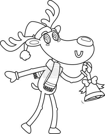 Illustration for Outlined Funny Christmas Reindeer Cartoon Character Ringing A Bell. Vector Hand Drawn Illustration Isolated On Transparent Background - Royalty Free Image