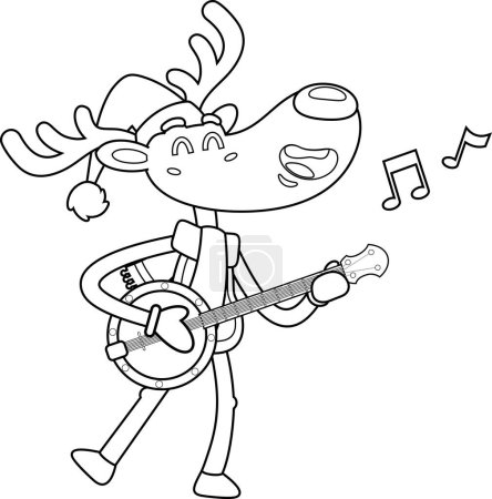 Téléchargez les illustrations : Le personnage de bande dessinée mignon de renne de Noël est en train de chanter et de jouer au banjo. Illustration dessinée à la main vectorielle isolée sur fond transparent - en licence libre de droit