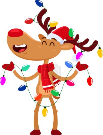 Illustration for Happy Christmas Reindeer Cartoon Character With Christmas Lights. Vector Illustration Flat Design Isolated On Transparent Background - Royalty Free Image