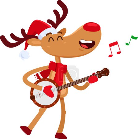 Téléchargez les illustrations : Mignon personnage de bande dessinée de renne de Noël chante et joue le banjo. Illustration vectorielle Design plat isolé sur fond transparent - en licence libre de droit