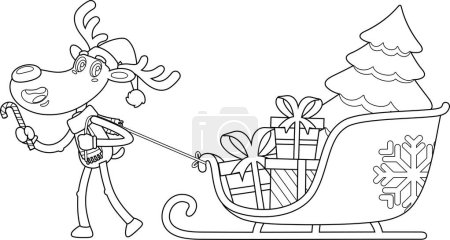 Téléchargez les illustrations : Drôle dessiné personnage de bande dessinée de renne tire un traîneau avec des boîtes-cadeaux et un arbre de Noël. Illustration dessinée à la main vectorielle isolée sur fond transparent - en licence libre de droit