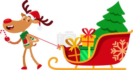 Ilustración de Divertido personaje de dibujos animados renos tira de un trineo con cajas de regalo y un árbol de Navidad. Ilustración vectorial Diseño plano aislado sobre fondo transparente - Imagen libre de derechos