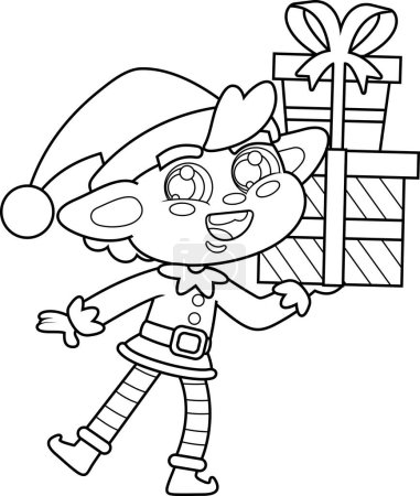 Illustration for Outlined Santa's Elf Helper Cartoon Character With Gifts. Raster Hand Drawn Illustration Isolated On White Background - Royalty Free Image
