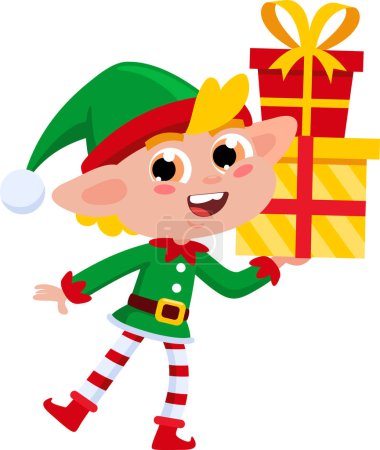 Téléchargez les illustrations : Père Noël Elfe Helper personnage de bande dessinée avec des cadeaux. Conception d'illustration vectorielle isolée sur fond transparent - en licence libre de droit