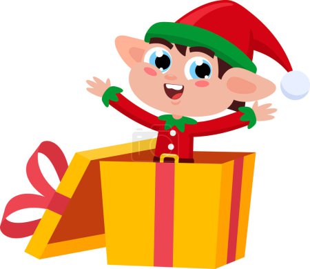 Téléchargez les illustrations : Personnage de bande dessinée Elfe du Père Noël Helper de boîte-cadeau. Conception d'illustration vectorielle isolée sur fond transparent - en licence libre de droit