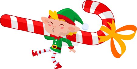Téléchargez les illustrations : Elfe de Santa Helper personnage de bande dessinée tenant Candy Cane. Illustration vectorielle Design plat isolé sur fond transparent - en licence libre de droit