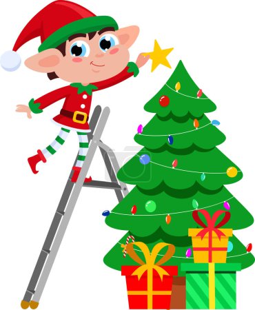 Téléchargez les illustrations : Personnage de bande dessinée Elfe du Père Noël Helper décorer l'arbre de Noël. - en licence libre de droit