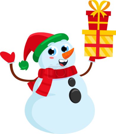 Ilustración de Feliz Navidad muñeco de nieve personaje de dibujos animados sosteniendo una caja de regalo. Ilustración dibujada a mano vectorial aislada sobre fondo transparente - Imagen libre de derechos