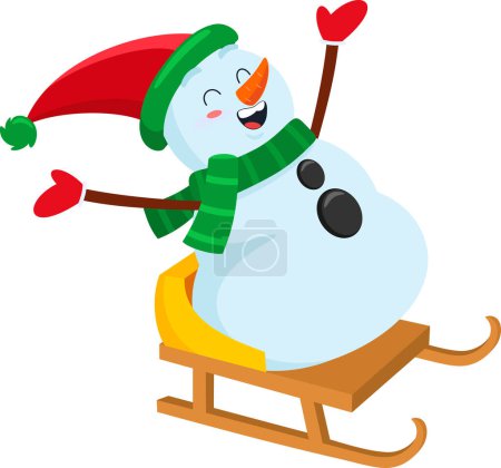 Illustration for Jolly Snowman Waving And Sledding In The Snow. Vector Illustration Flat Design Isolated On Transparent Background - Royalty Free Image
