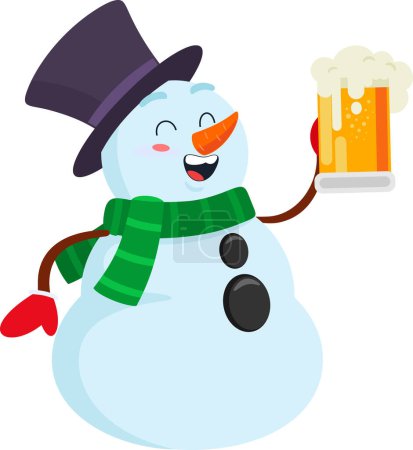 Téléchargez les illustrations : Personnage de bande dessinée bonhomme de neige souriant avec bière. Illustration vectorielle Design plat isolé sur fond transparent - en licence libre de droit