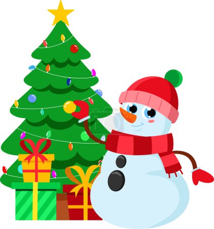 Illustration for Friendly Snowman And Christmas Tree. Vector Illustration Flat Design Isolated On Transparent Background - Royalty Free Image