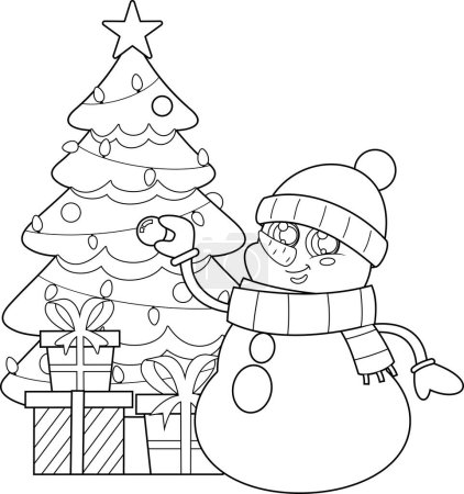 Ilustración de Esbozado amigable muñeco de nieve con árbol de Navidad - Imagen libre de derechos