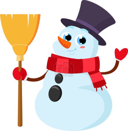 Illustration for Smiling Snowman Cartoon Character With Broom. Vector Illustration Flat Design Isolated On Transparent Background - Royalty Free Image
