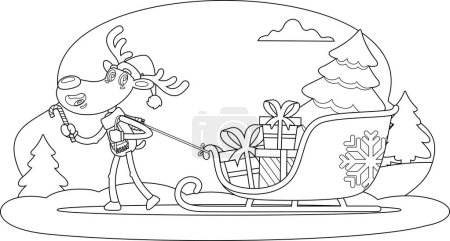 Illustration for Outlined Funny Reindeer Cartoon Character Pulls A Sleigh With Gift Boxes And A Christmas Tree. Vector Hand Drawn Illustration Isolated On Transparent Background - Royalty Free Image