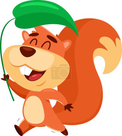 Illustration for Happy Squirrel Cartoon Character Running Holds A Plant Leaf. Vector Illustration Flat Design Isolated On Transparent Background - Royalty Free Image