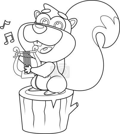 Téléchargez les illustrations : Écureuil mignon Cartoon Character Sing A Song With Harp. Illustration dessinée à la main vectorielle isolée sur fond transparent - en licence libre de droit