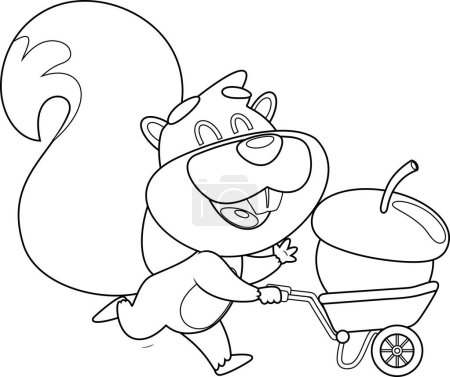 Ilustración de Delineado lindo personaje de dibujos animados ardilla corriendo con un carro con una gran palomitas de maíz. Ilustración dibujada a mano vectorial aislada sobre fondo transparente - Imagen libre de derechos