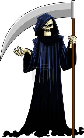 Illustration for Grim Reaper Skeleton Cartoon Character With A Scythe. Raster Hand Drawn Illustration Isolated On White Background - Royalty Free Image