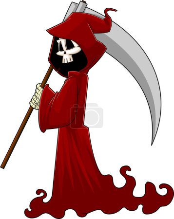 Ilustración de Grim Reaper Skeleton Carácter de dibujos animados con una guadaña. Ilustración dibujada a mano de trama aislada sobre fondo blanco - Imagen libre de derechos