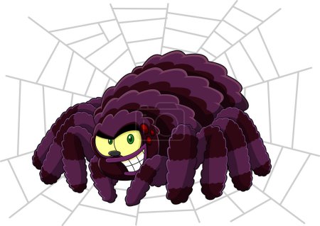 Ilustración de Smiling Purple Halloween Spider personaje de dibujos animados en una web. Ilustración dibujada a mano de trama aislada sobre fondo blanco - Imagen libre de derechos